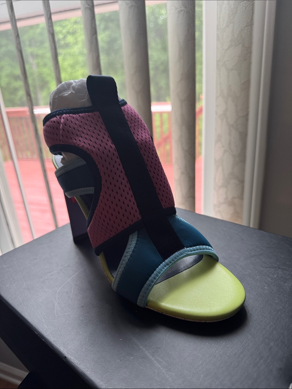 United Nude Colorblock Open-Toe Block Heel Sandal in Pink, Teal, Navy and Lime